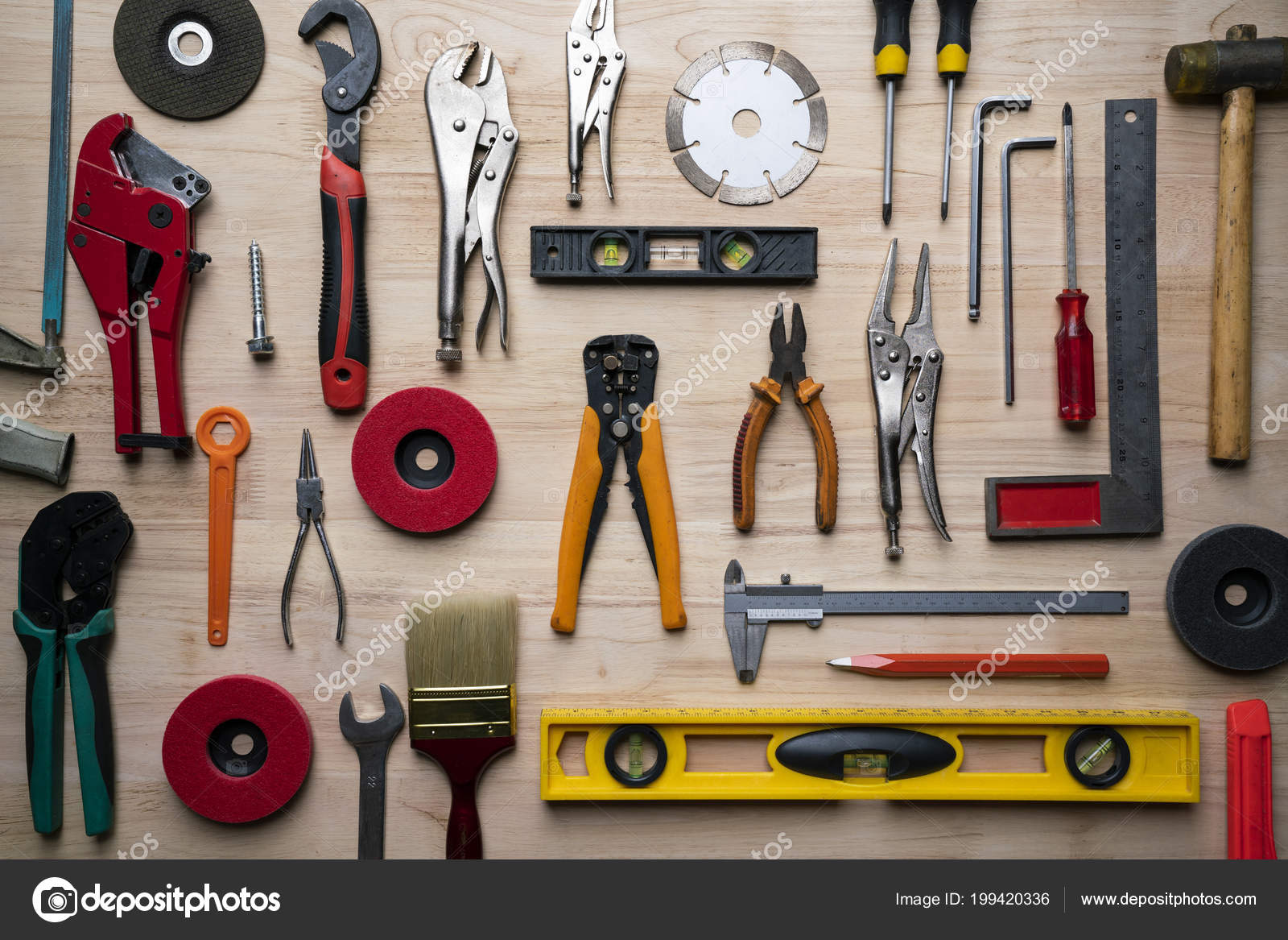 Home old tools equipment set on wood table background, engineering an